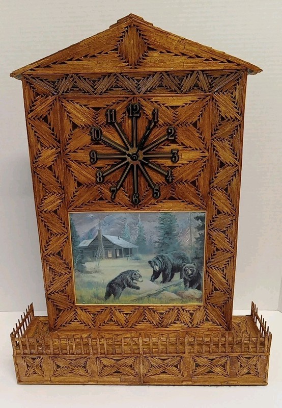 Handmade Prison/Tramp Art Matchstick/Toothpick TableTop Clock Bear Large 19.5×14