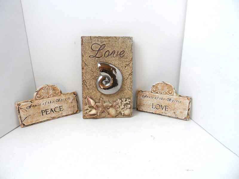 Lot of 3 – Wall Decor Love, Peace 3 Piece Cream Color Sea Shell Raised Decor