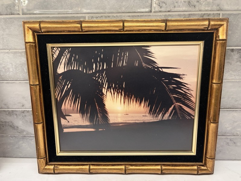 VTG Bamboo Gold Gilt Carved Wood Photo Picture Frame Velvet Matte 15x18 Coastal gallery