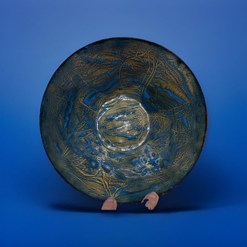 Enamel Over Copper Bowl 8” Abstract Blue Gold Studio Art Mid Century Modern gallery