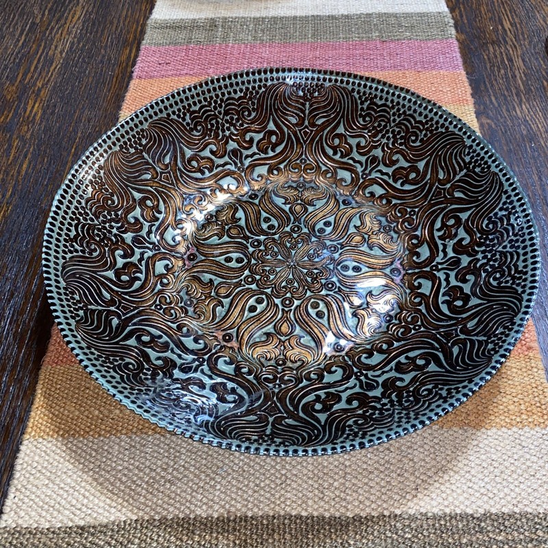 Vintage DECORATIVE ART GLASS 13’ SILVER LAYER BACKING Bowl Dish