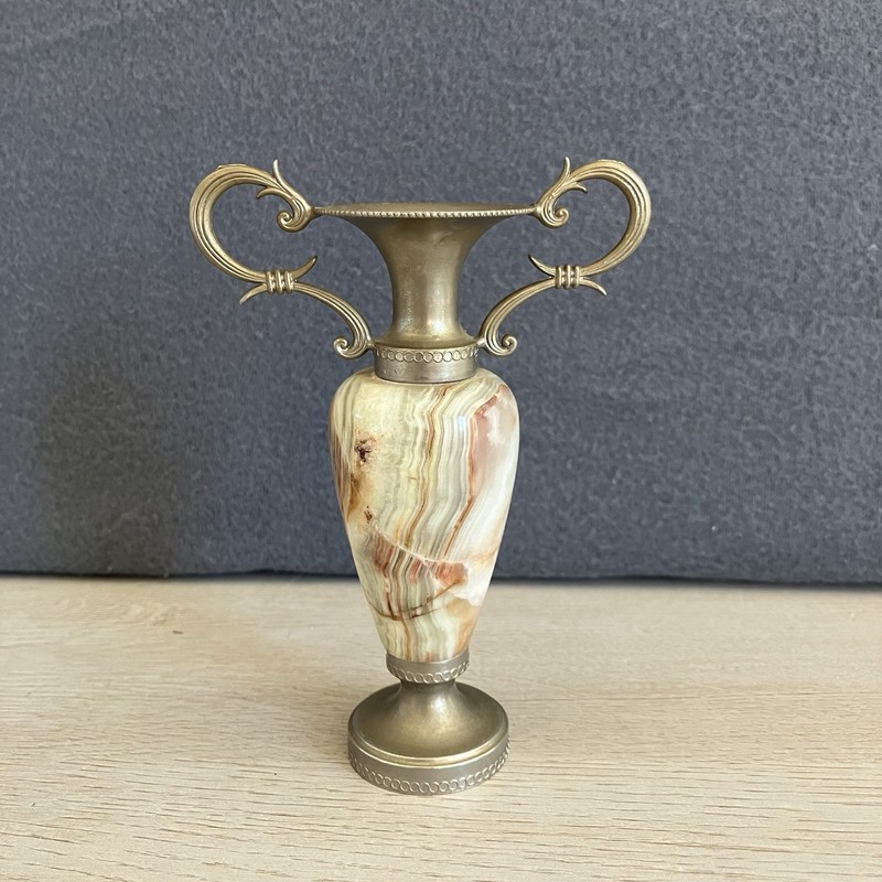 Vintage Miniature Onyx Marble And Metal Double Handle Vase Multicolored 5 Inch