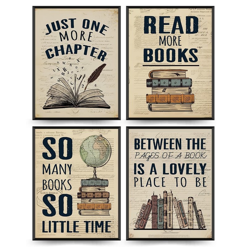 Reading Posters for Library Set of 4 – Book Club Decorations,Library Decor,Bo…