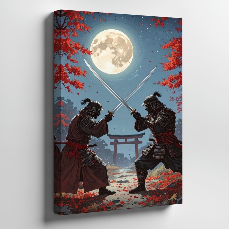 Wall Art Canvas Two Samurai Warriors Face Each Other Under a Glowing Full Moon