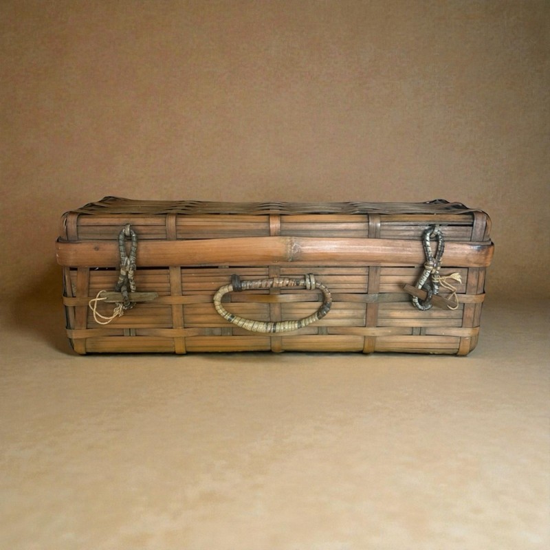 Bamboo Woven Wicker Storage Basket With Hinged Lid. 5”Tx14”Lx5”W. Japan. Vintage