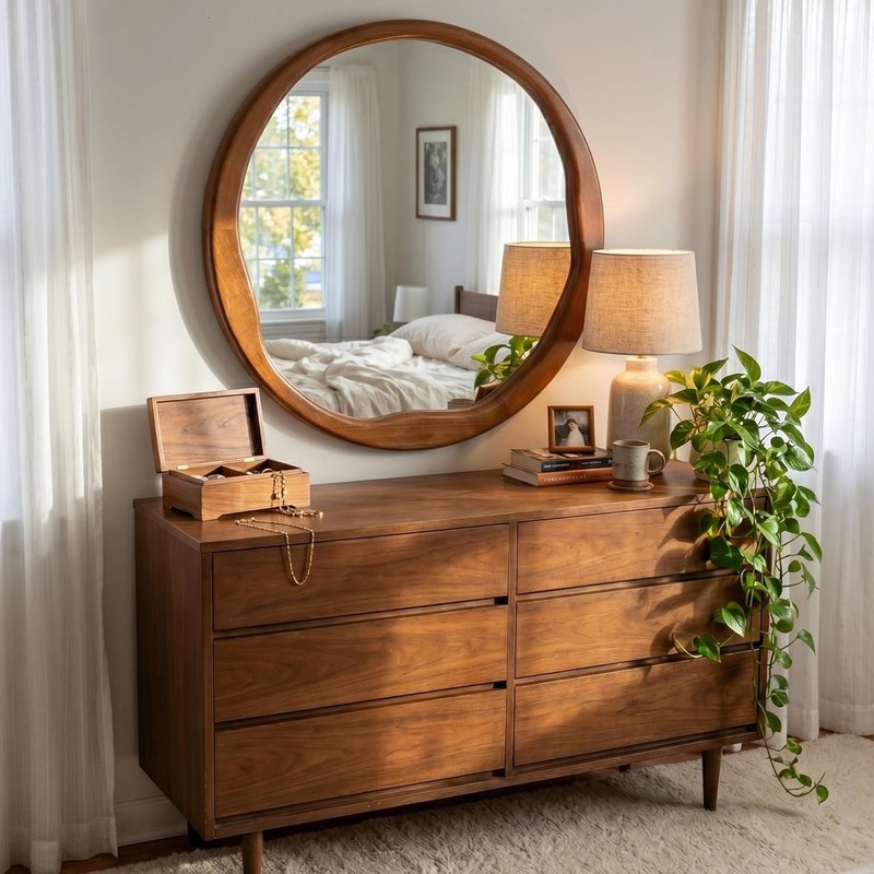 24" Walnut Round Mirror, Retro Mid-Century Solid Wood Frame with Wavy Inner Edge gallery