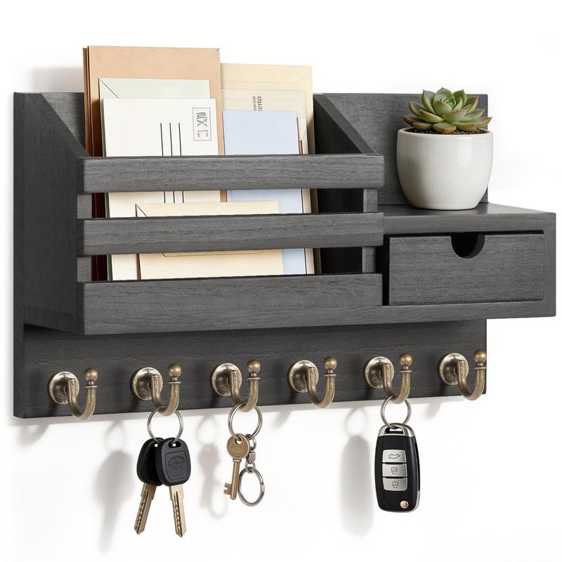 Key and Mail Holder for Wall, Mail Organizer Wall Mount with 6 Hooks and Storage