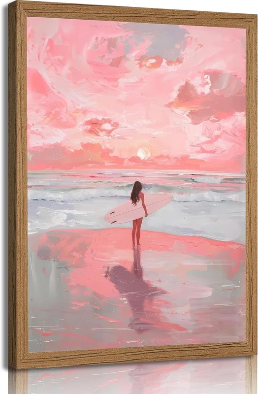 Framed Pink Surfer Girl Canvas Wall Art Coastal Sunset Beach Decor Print