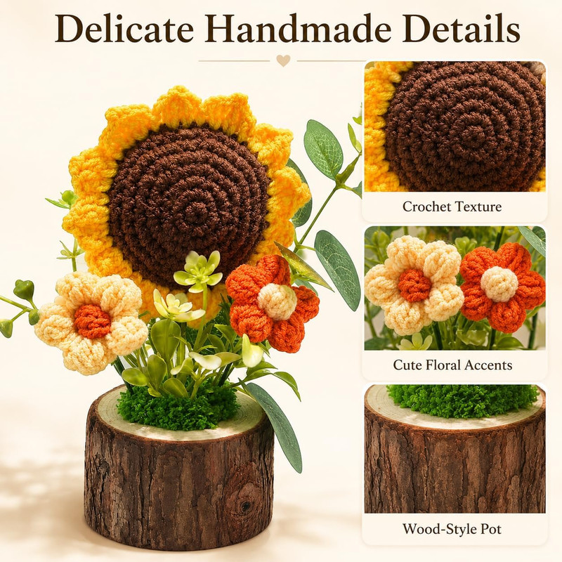 Handmade Crochet Knitted Sunflower Bouquet Creative Knitted Potted Plant Mini... gallery
