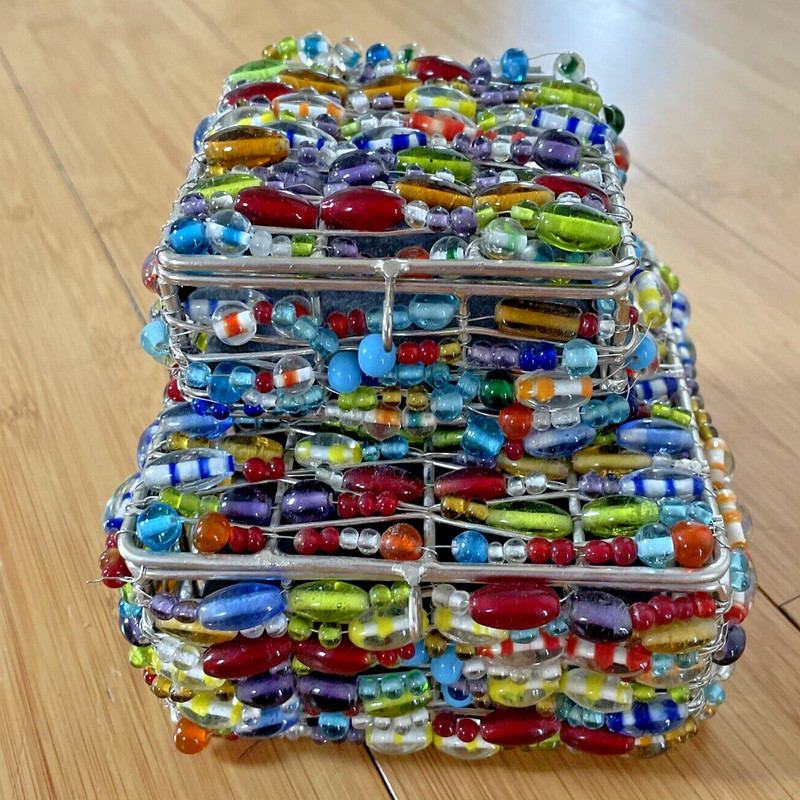 Beaded Trinket Box – Multicolored Beads – Square with Hinged Lid – Set of 2