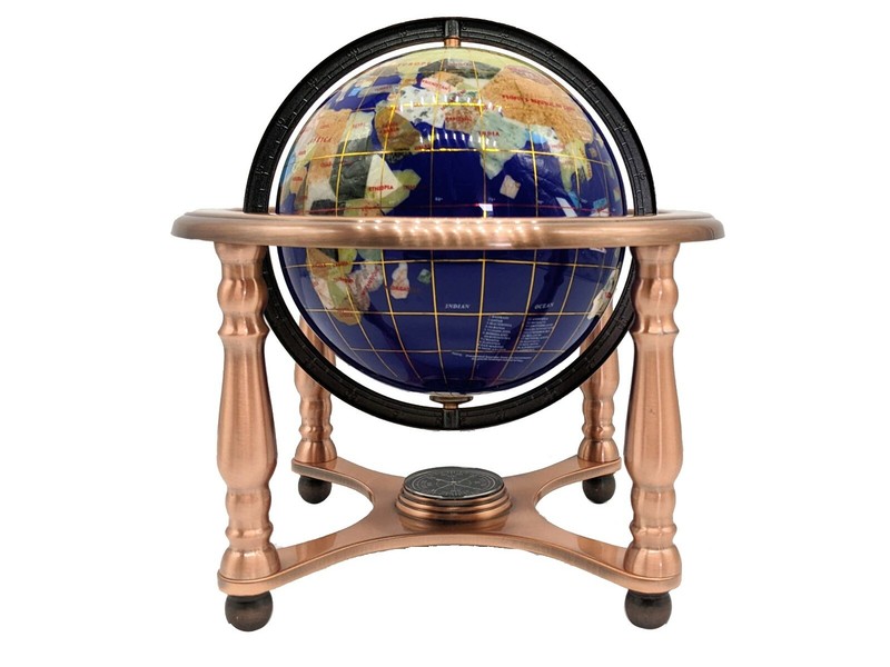 10″ Tall Blue Copper Zinc Alloy 4leg table stand Gemstone World globe Map