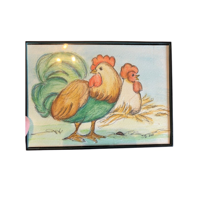 Vintage 2000 Signed DB Rooster Hen Watercolor Ink Art Framed 5x7 Country Decor gallery