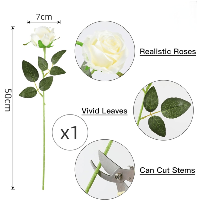 White Artificial Rose 50cm Long Stem Silk Flower 1 Piece For Home Wedding Decor