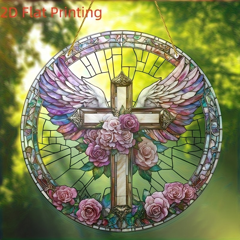 Retro Angel Cross Round Acrylic Suncatcher Window Hanging Home Cafe Decor