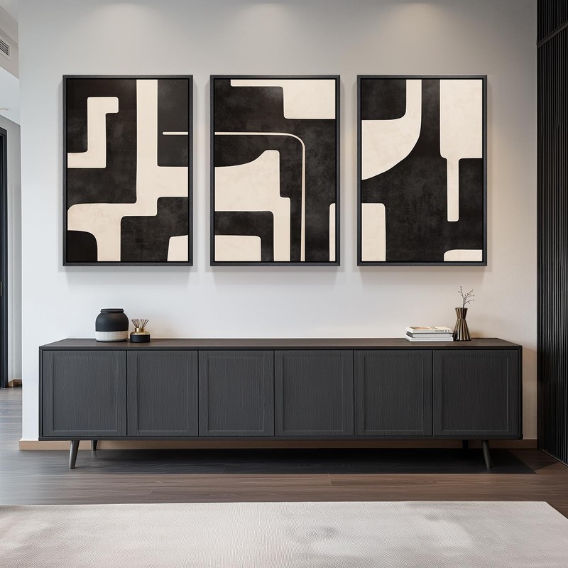 Large Framed Neutral Abstract Wall Art for Living Room, 3 Piece Black Beige C... gallery