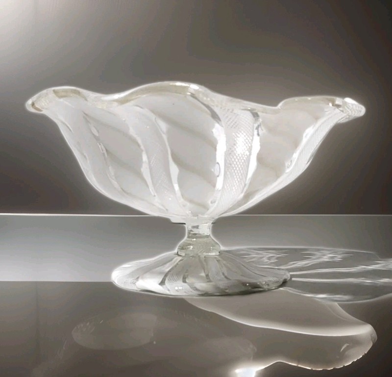 Italian Murano Style White Ribbon Swirl Art Glass Pedestal Candy Dish Co Vintage gallery