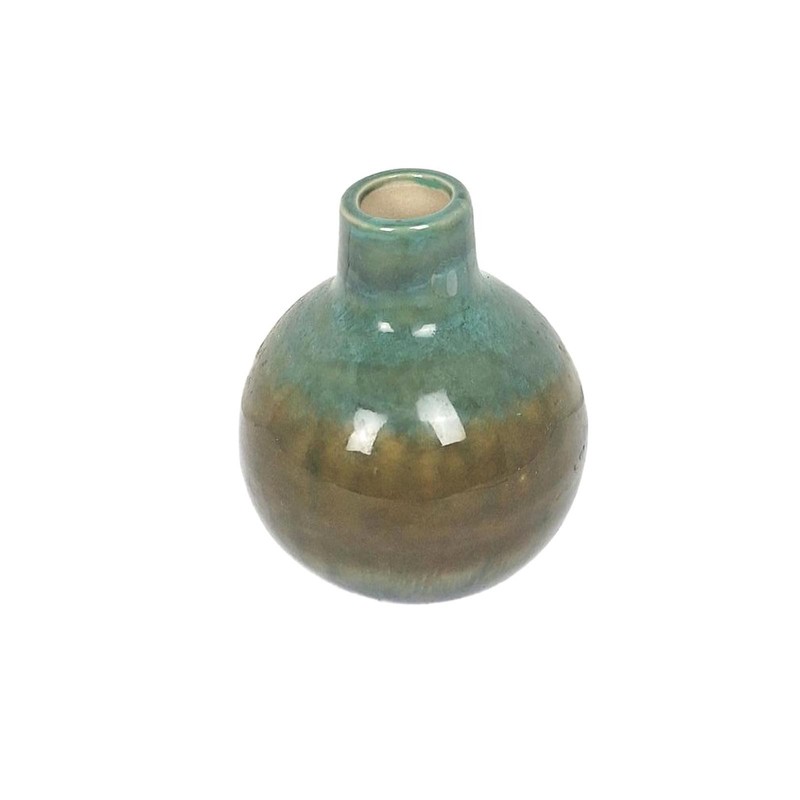 Teal Brown Accent Bud Vase, 4″ Tall, Artistic Ceramic Decor Vintage