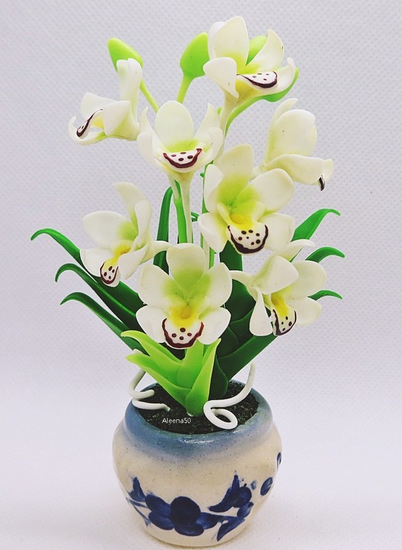US Stock 4"H Handmade Air-Dry-Clay-Crafted Cymbidium Orchid Arranged in Pot gallery