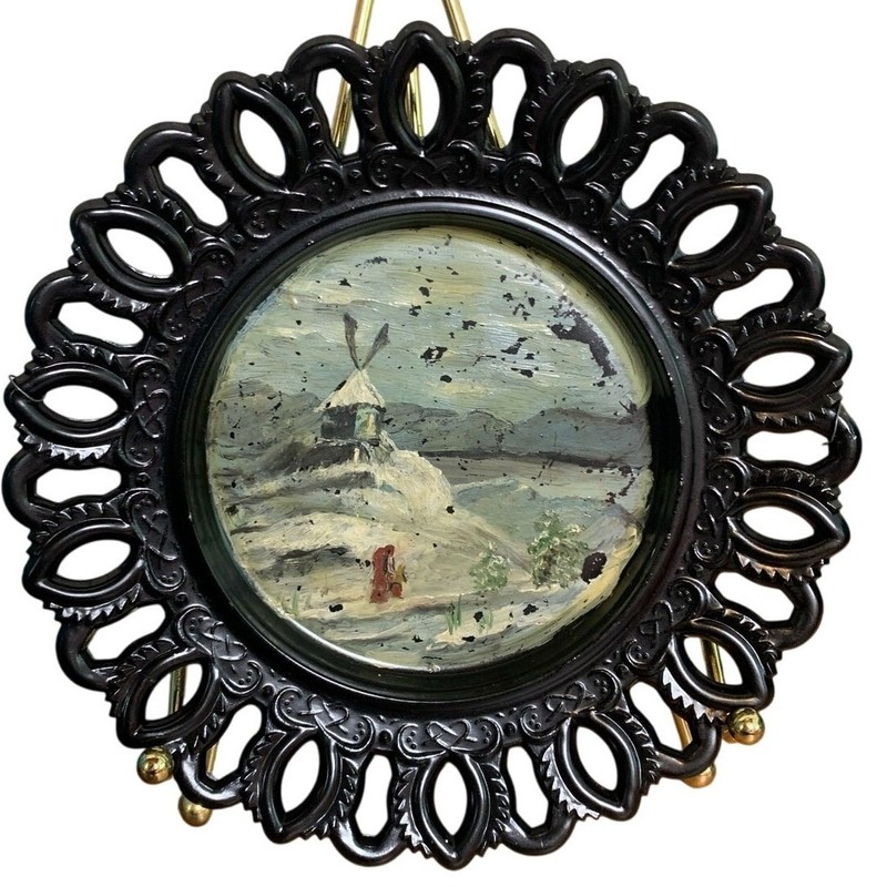 Hand Painting On A Sawtooth Gothic Black Glass Plate Outdoor Scene Snow Mountain