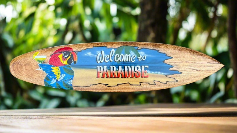 Welcome To Paradise Parrot Airbrushed Surfboard Wall Plaque 39"x 10" gallery