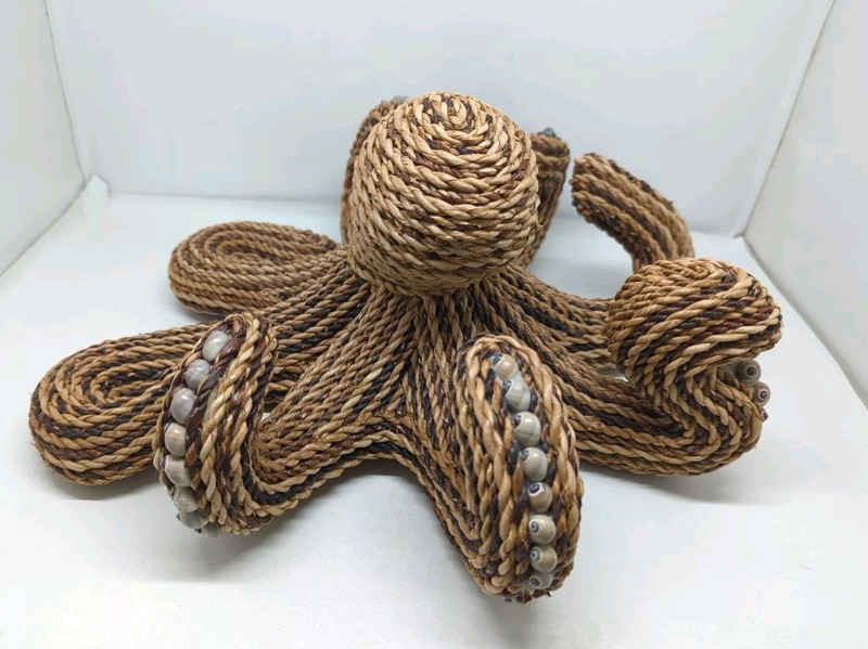 Rattan Wicker Octopus Sculpture or Wall Art Seashells Coastal Nautical 14x15x7 gallery