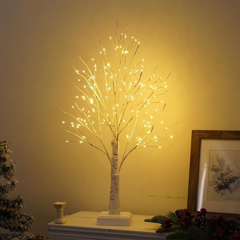 Lighted Trees for Indoor Decor, 24”2FT White Birch Tree with 144 LED Lights, …