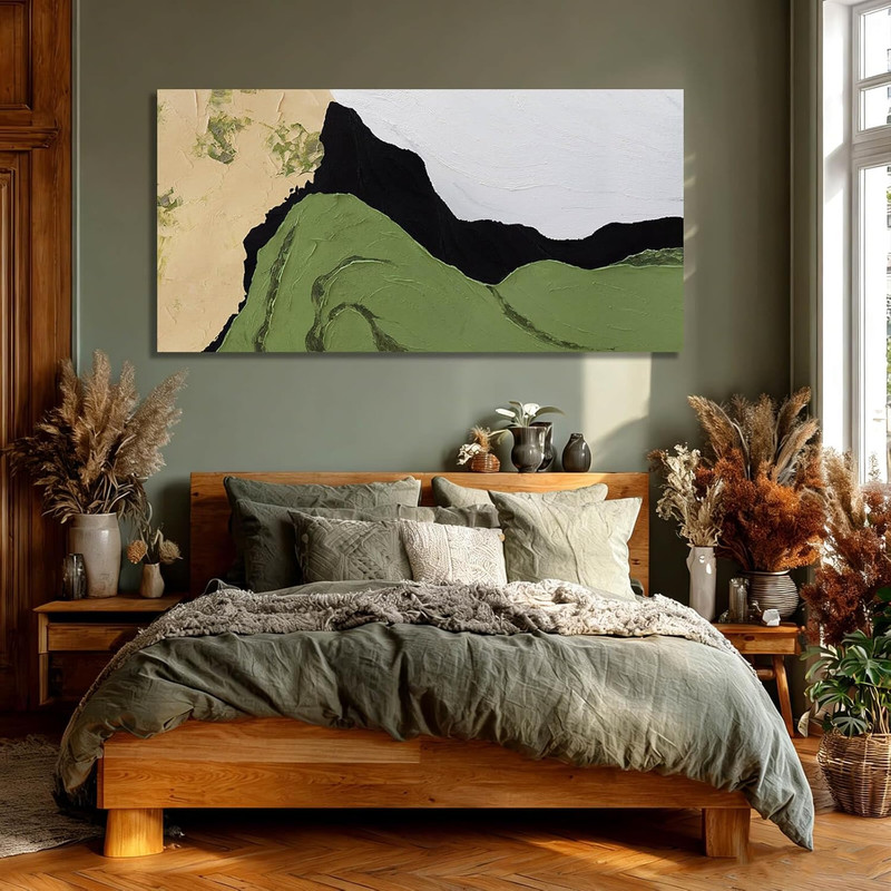 Large Framed Abstract Canvas Art - Neutral Green & White Wall Decor 29x58 Inch gallery