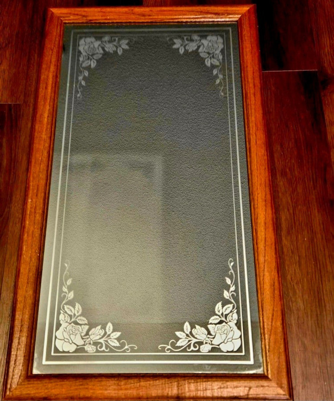 Rectangular Wood Framed Floral Artistic Glass Freestanding Accent Mirror 33″×19″