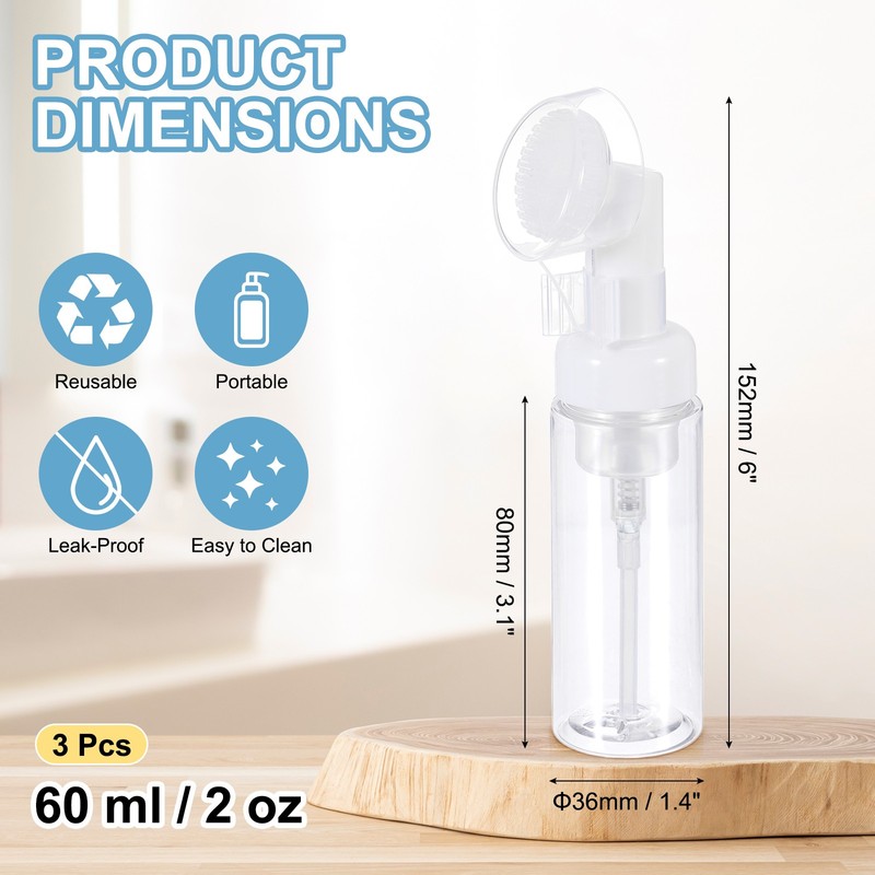 3Pcs 2oz / 60ml Foam Pump Bottle with Brush, Clear(Round) gallery