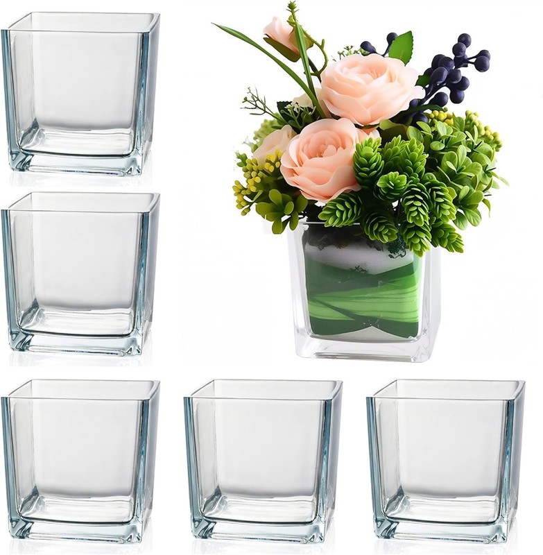 Set of 6 Square Glass Vases for Centerpieces – 5in x 5in x 5in Clear Short