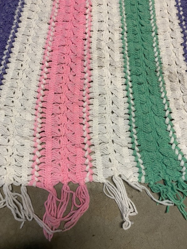 Vintage Crochet Afghan 60”x47” Pastel Fringe Blanket Pink Green Purple White gallery