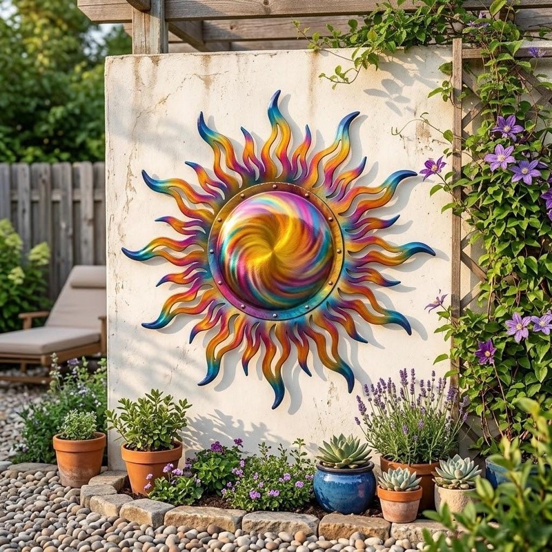Colorful Sun Metal Wall Art, Outdoor Sun Wall Decor, Rainbow Garden Fence Art