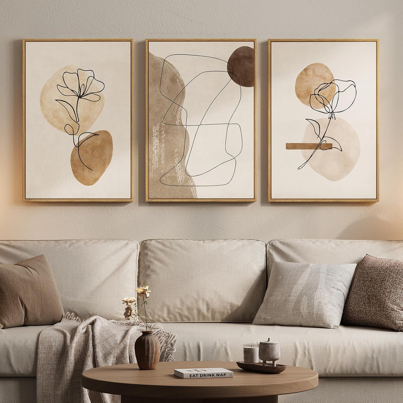 Boho Abstract Wall Art Set - 3 Piece Minimalist Floral Canvas Decor 16x24 In