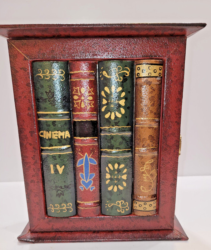 Wood Free Standing Key Holder Storage Box w/ Hooks Shaped Like Books on Bookcase
