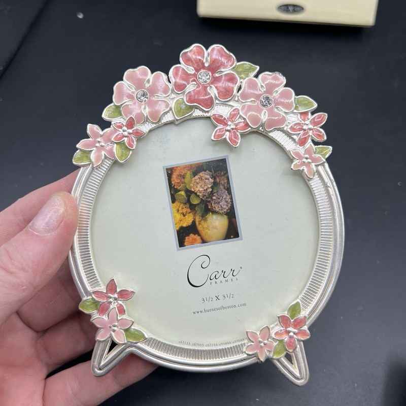 Carr Metal Photo Frame Round Pink Enamel Flowers Embellished Crystals gallery