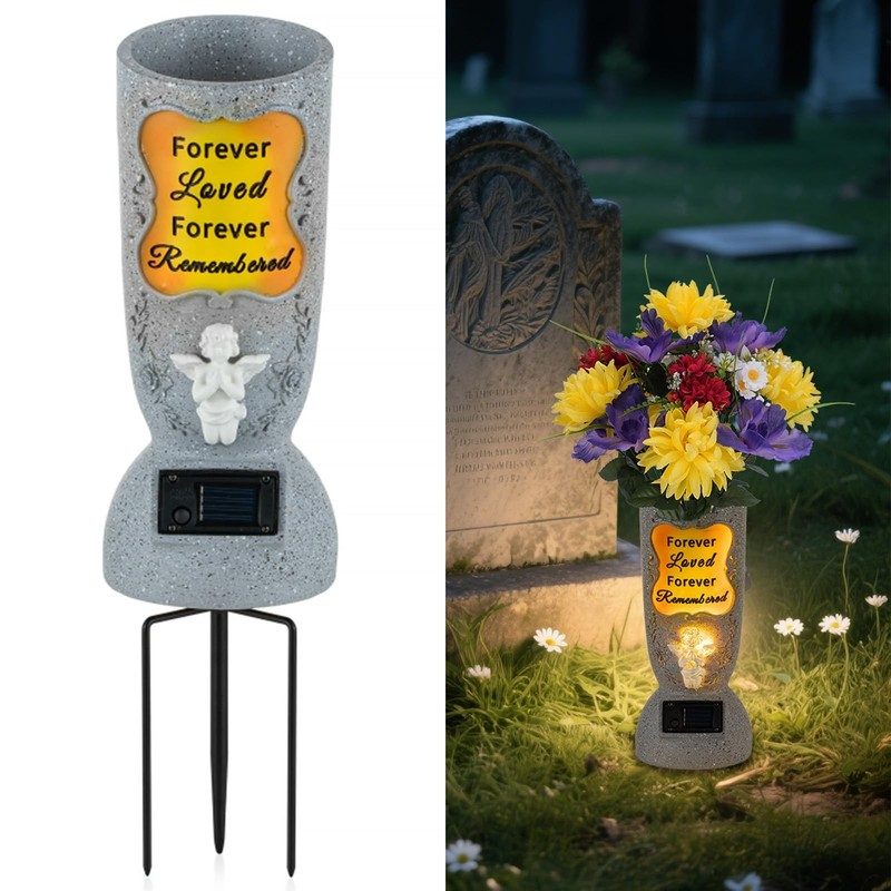 Solar Cemetery Grave Vase: 1 LED Angel Headstones Vase with Spikes Grave Deco…