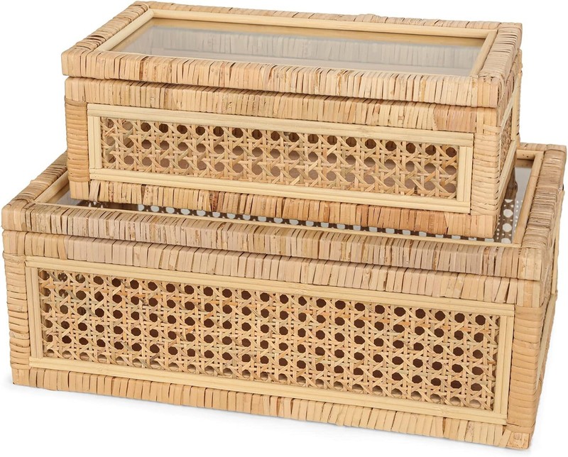 Hand-Woven Bohemian Rattan Display Box with Glass Lid – Set of 2