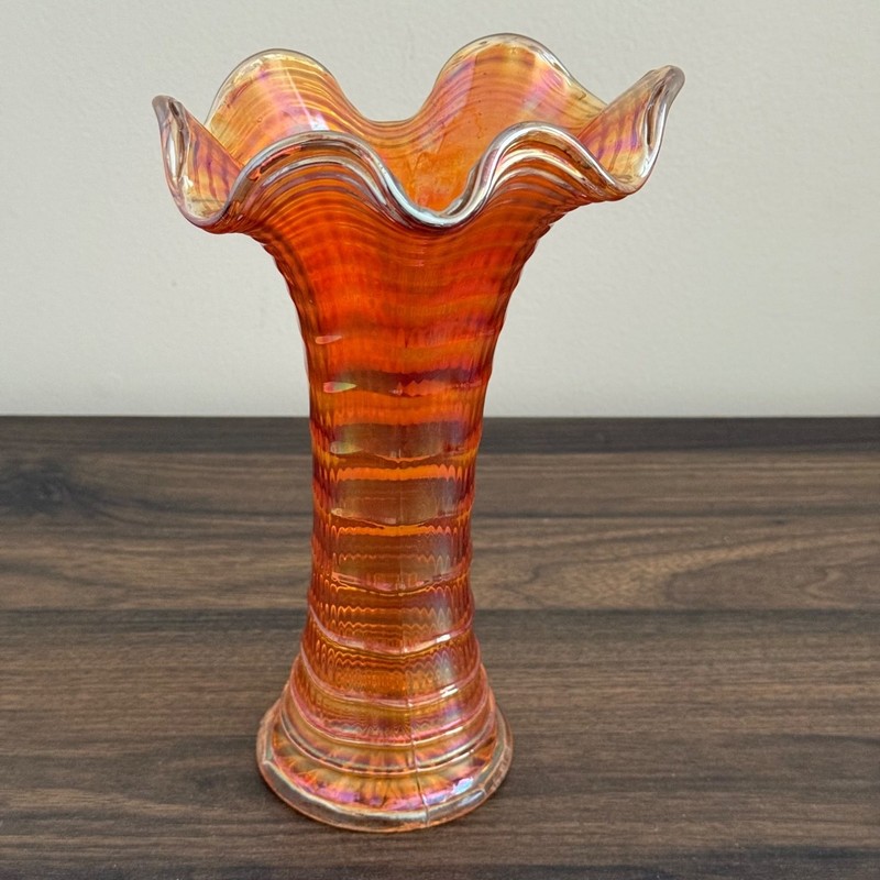 Vintage Fenton April Showers Carnival Glass Vase Marigold 9.5" Ruffled Orange gallery