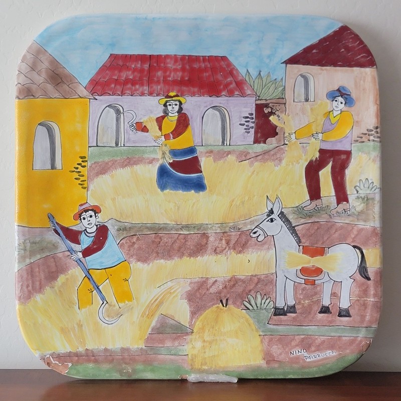 HUGE Hand-Painted Nino Parrucca Italian Harvest Scene Ceramic Wall Plaque READ