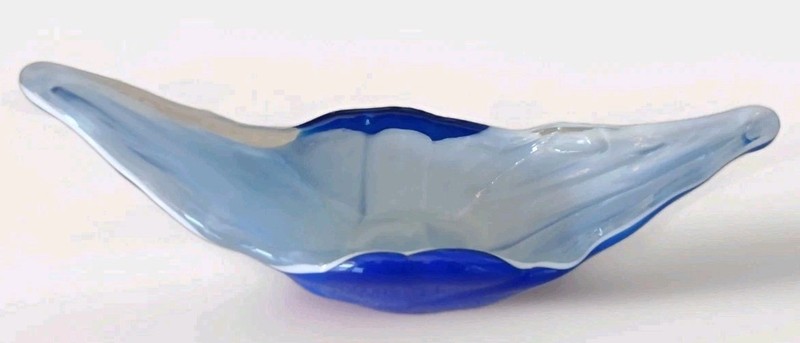 Vintage Hand-Blown Art Glass Freeform Dish Blue & White Heavy Studio