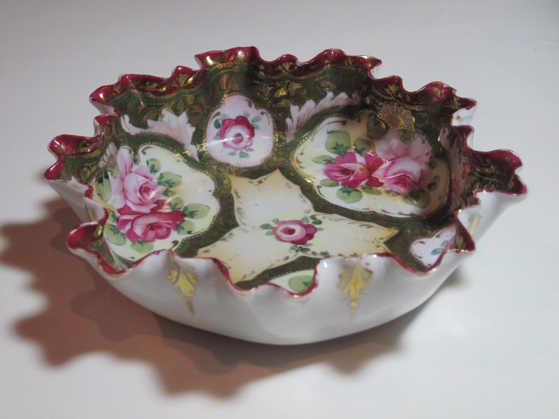 Vintage Ruffled Floral Rose Trinket Candy Dish Bowl Porcelain Pink Gold G009 gallery
