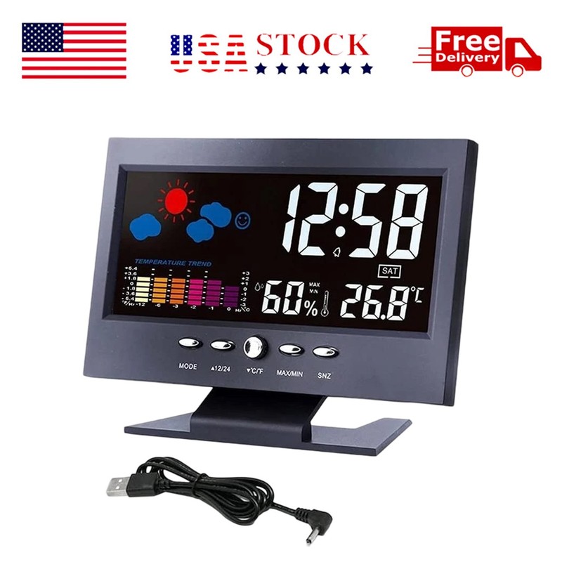 LED Digital Alarm Clock Snooze Calendar Thermometer Hygrometer Weather Display