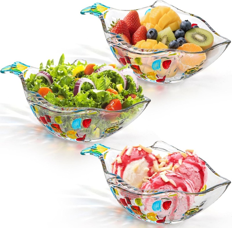 3 Pa Hand Painted Colorful Glass Crystal Bowl, 12 OZ Cute Fish