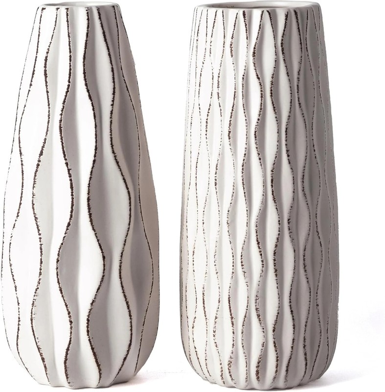 VICTOR & TERESA Ceramic Vase for Flowers, 8” Set of 2 Decorative White Vases fo