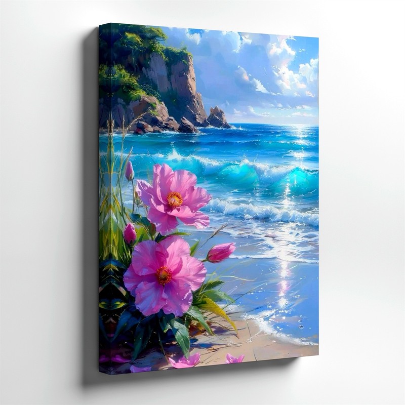 Wall Art Coastal Beach Seascape Pink Flowers Ocean Waves Cliff Canvas Print