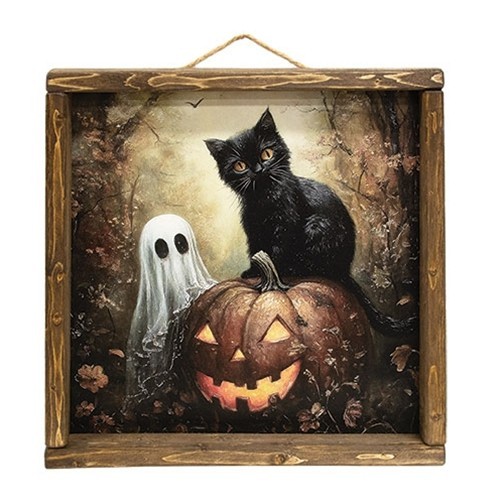 NEW PRIMITIVE HALLOWEEN PRINT BLACK CAT GHOST Framed 12″ SQ JACK O LANTERN