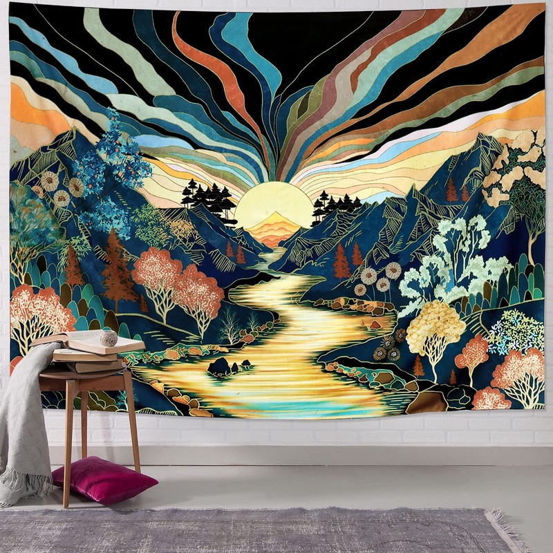 Blacklight Forest Mountain Tapestry Sun Tapestry UV Reactive Retro Landscape gallery