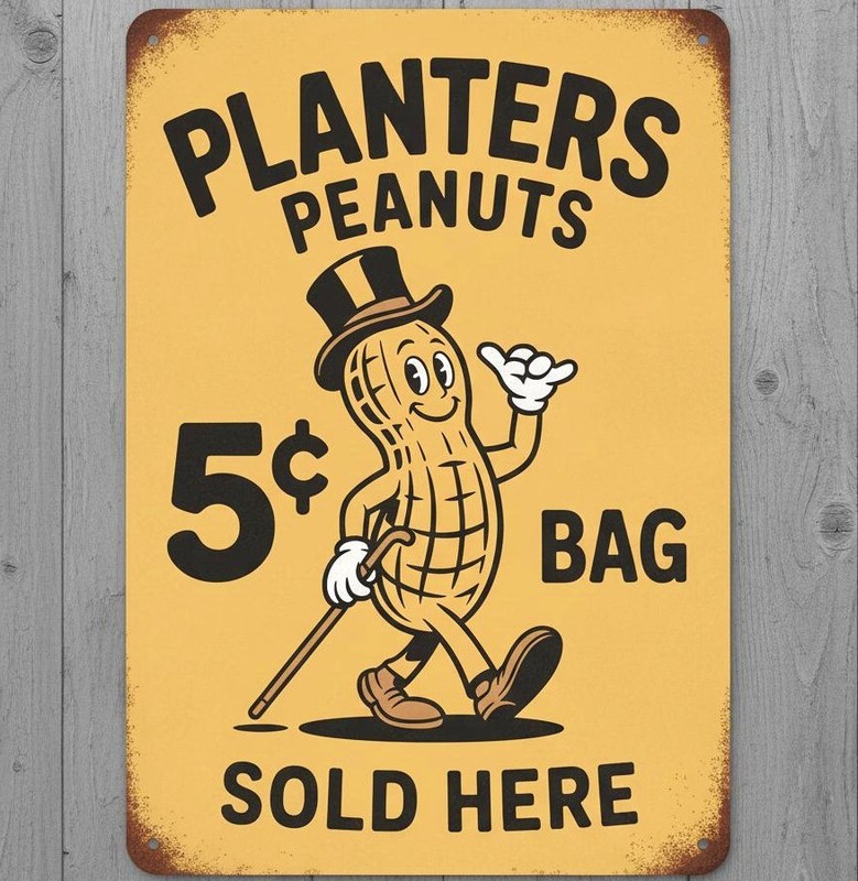 Planters Peanuts 5 Cents 8 x 12 Vintage Novelty Metal Sign Made In USA New!