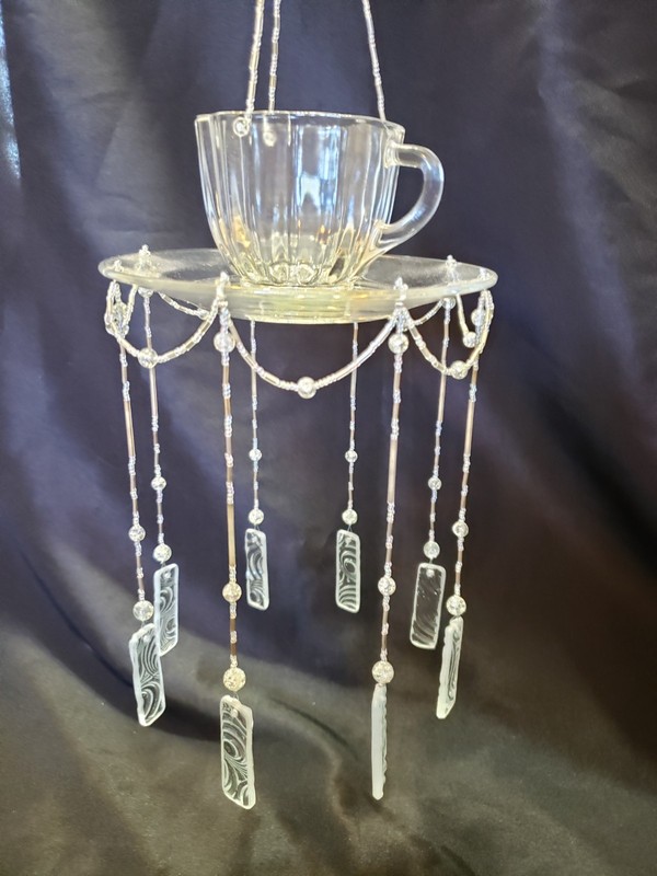 Repurposed Tea Cup Windchime with Stained Glass Window Hanging Indoors gallery