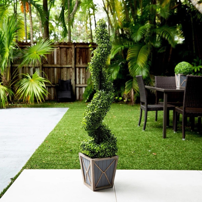 45” UV Resistant Artificial Boxwood Spiral Topiary Tree w/LEDs (Indoor/Outdoor) gallery